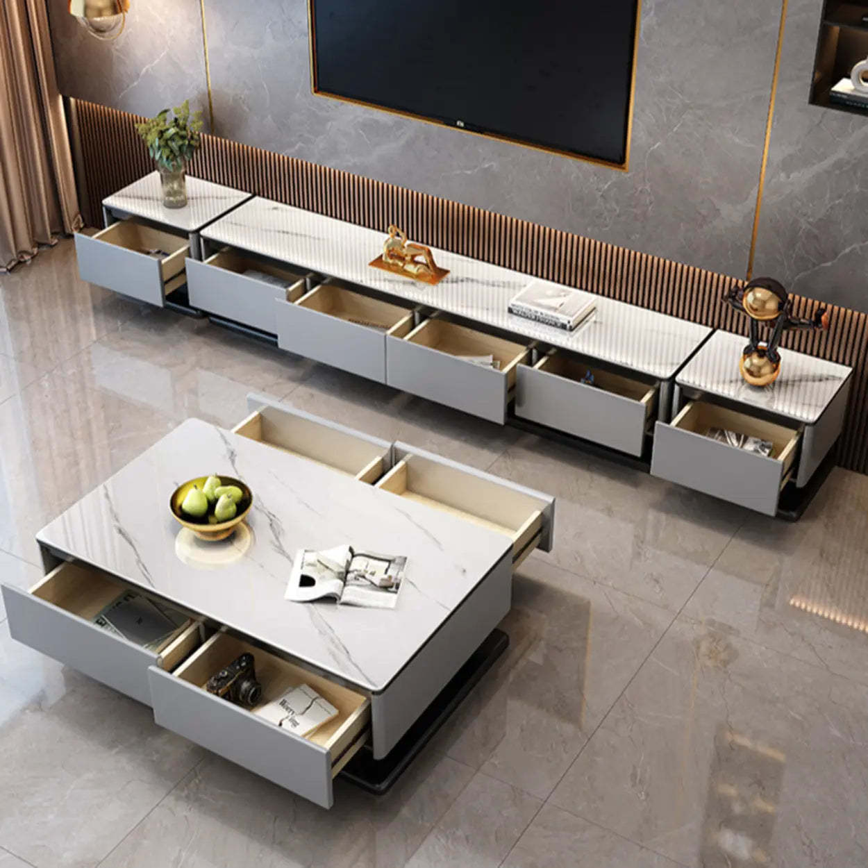 Modern Rectangular Gray Stone TV Stand