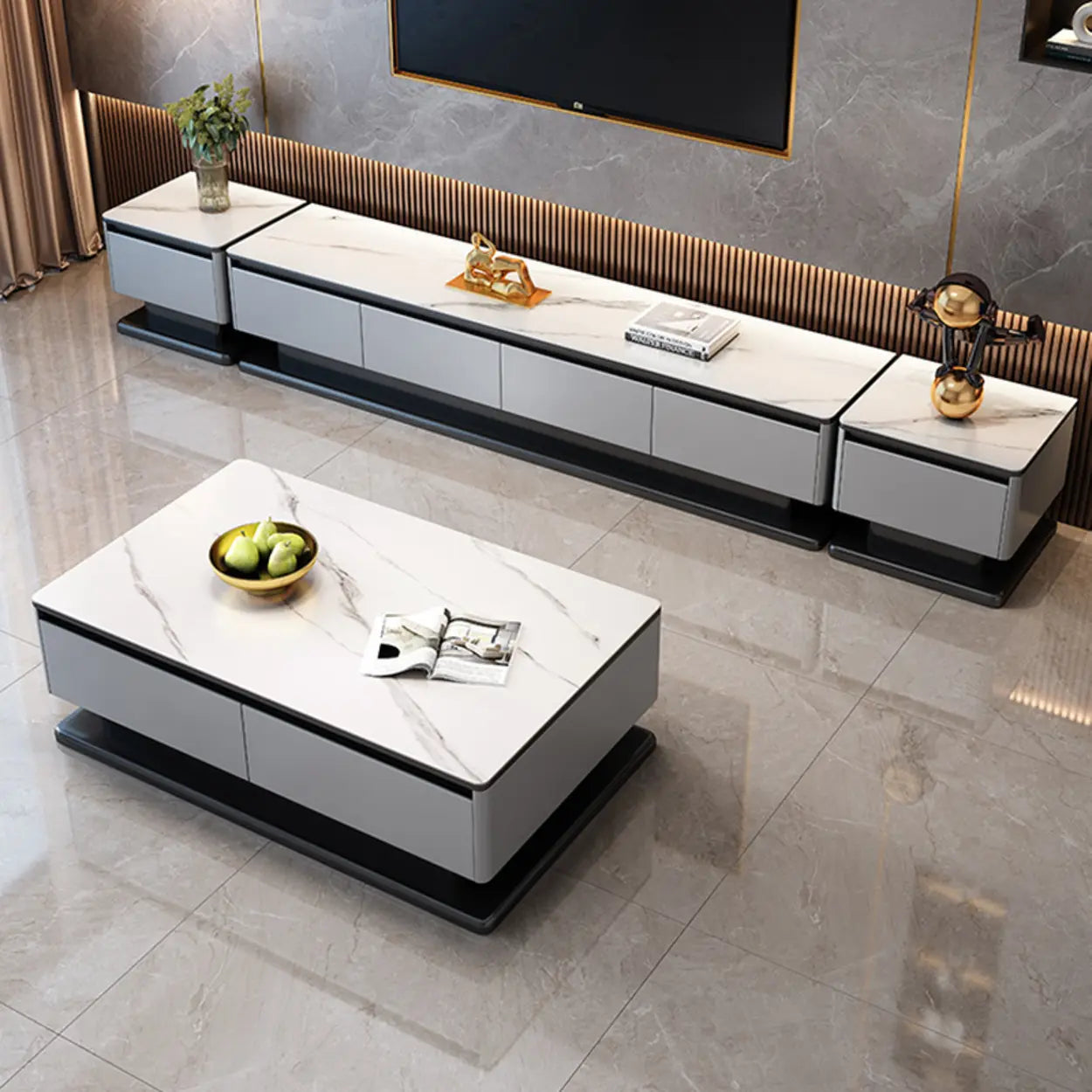 Modern Rectangular Gray Stone TV Stand
