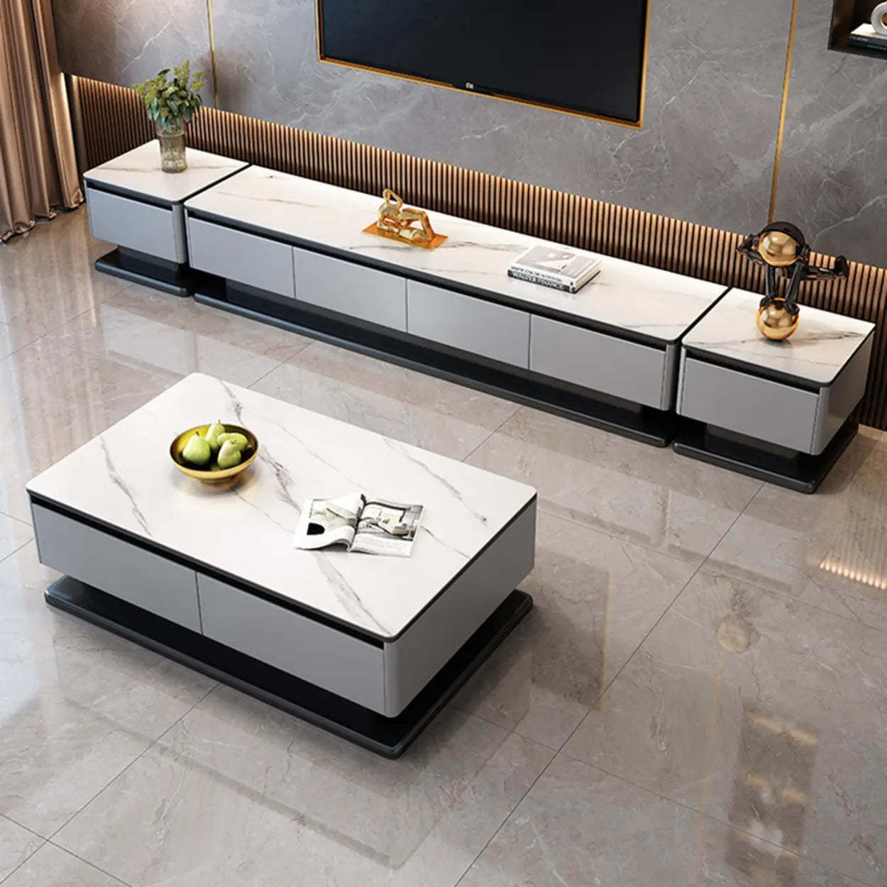 Modern Rectangular Gray Stone TV Stand