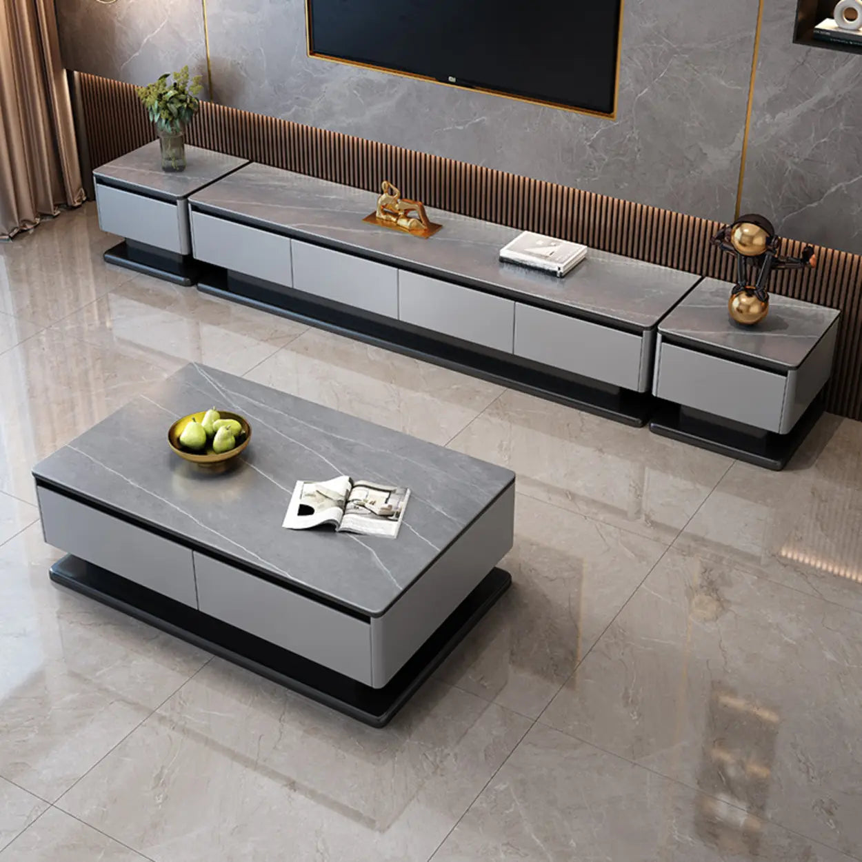 Modern Rectangular Gray Stone TV Stand — White