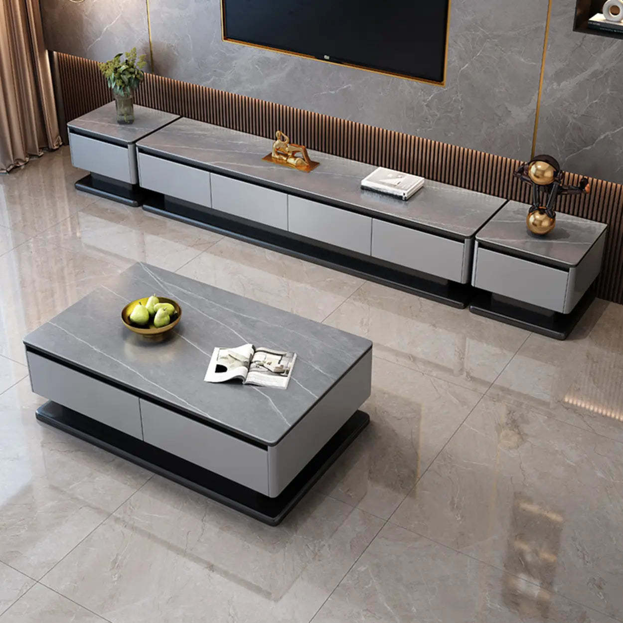 Modern Rectangular Gray Stone TV Stand — White