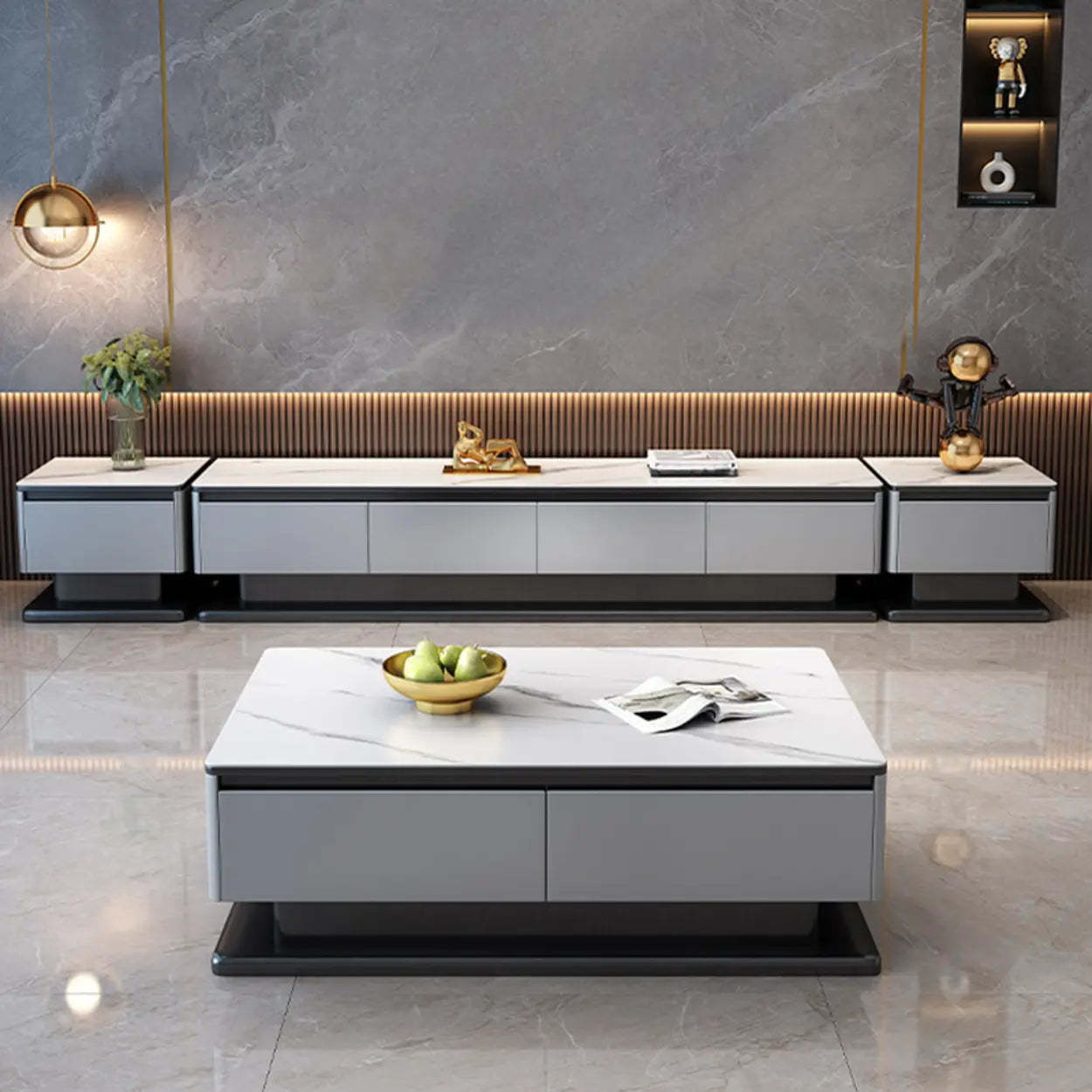 Modern Rectangular Gray Stone TV Stand — Bright White