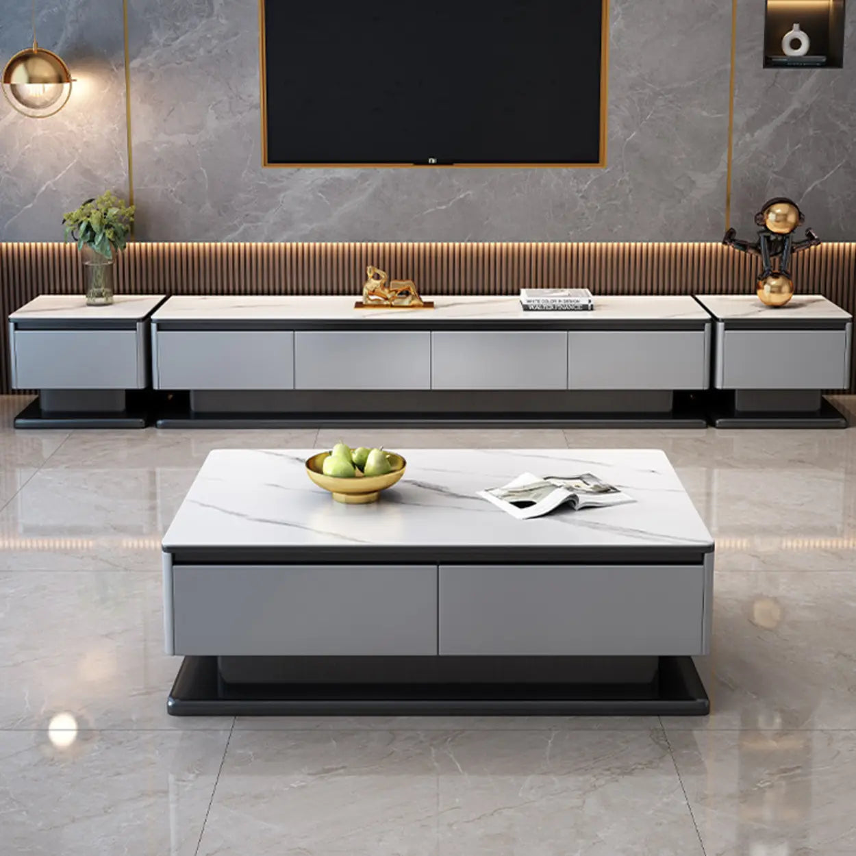 Modern Rectangular Gray Stone TV Stand — Matte Gray