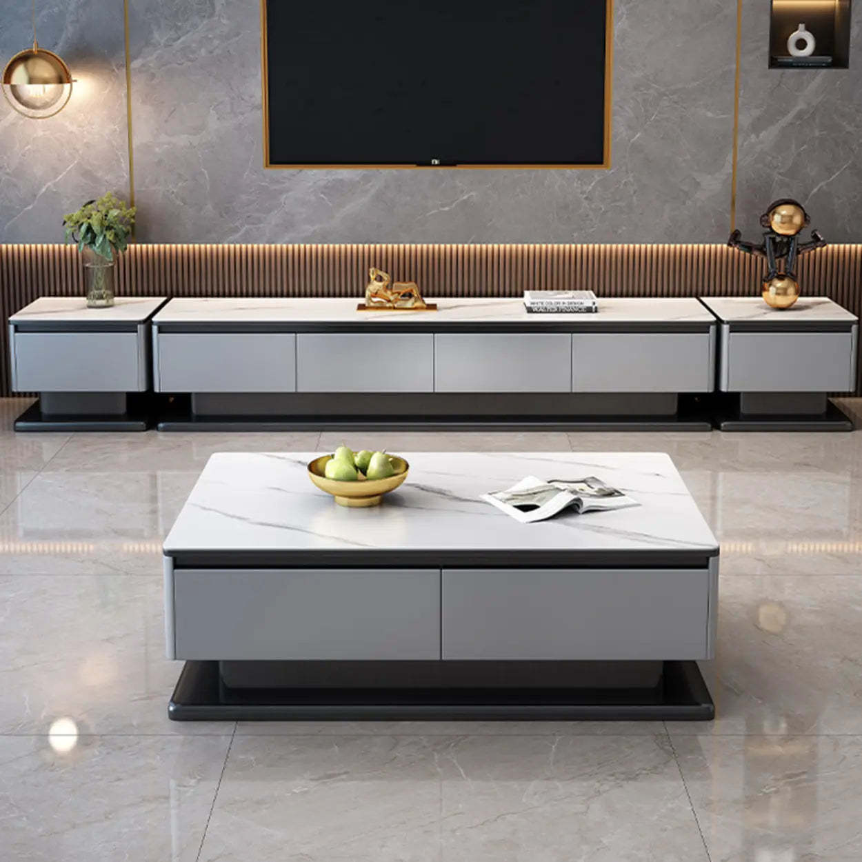 Modern Rectangular Gray Stone TV Stand — Matte Gray