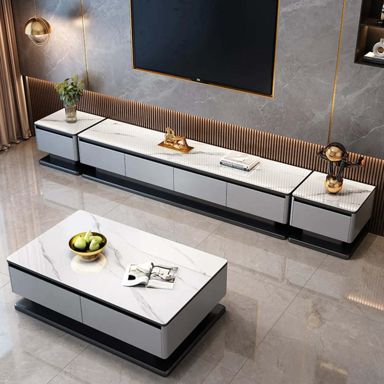 Modern Rectangular Gray Stone TV Stand — Bright White