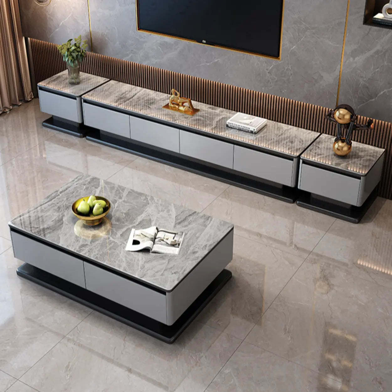 Modern Rectangular Gray Stone TV Stand — Matte Gray