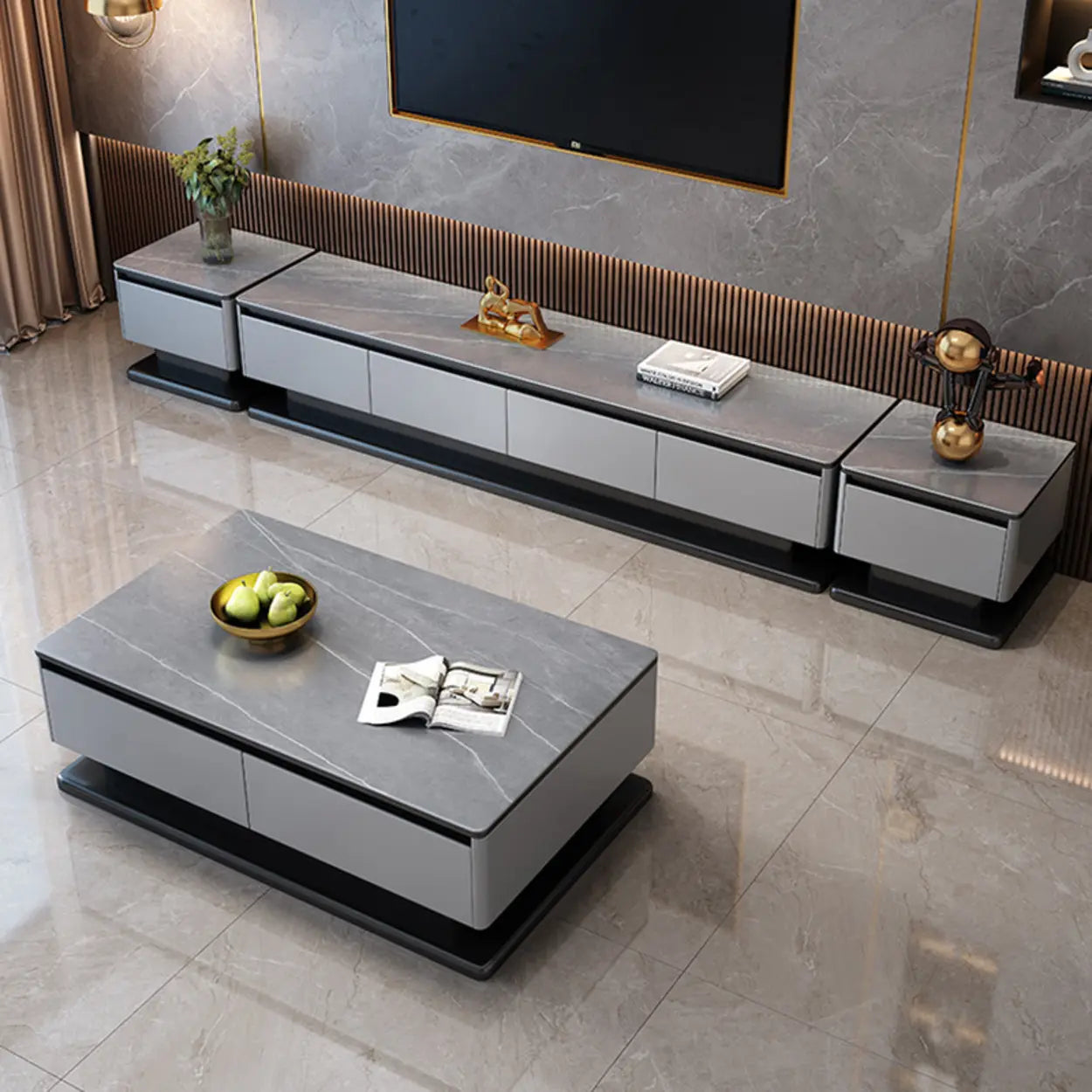 Modern Rectangular Gray Stone TV Stand