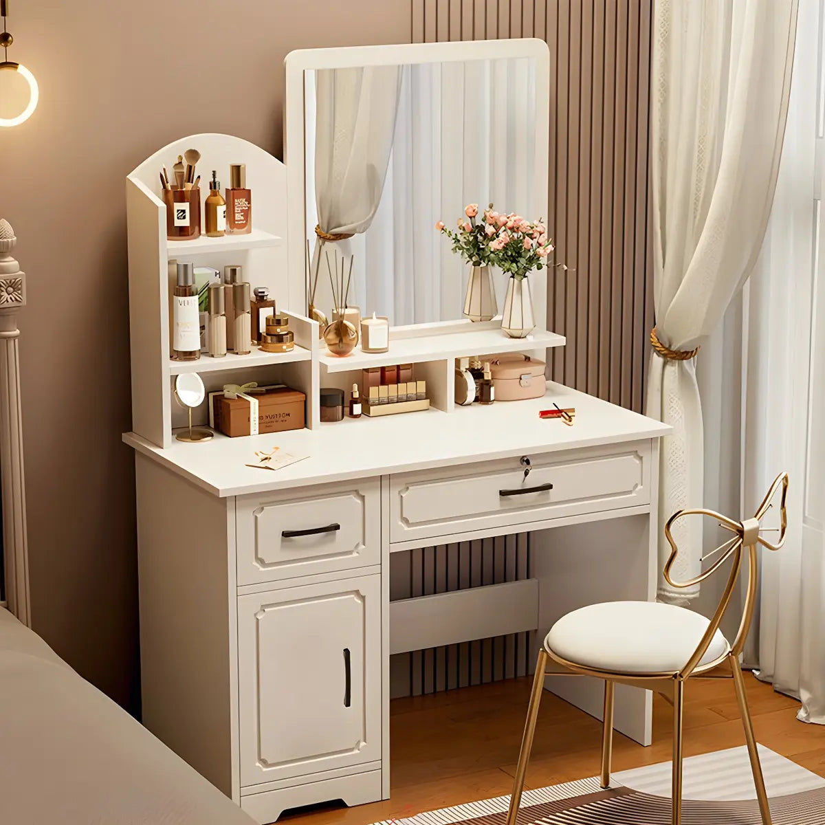 Modern White Wood Bedroom Makeup Vanity