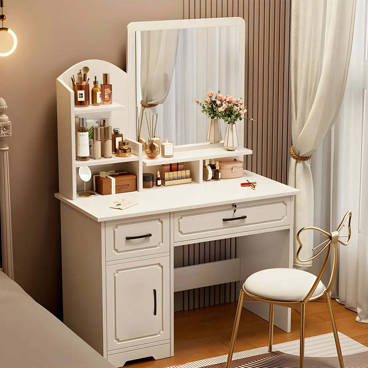 Modern White Wood Bedroom Makeup Vanity — Round / 2 / Makeup Vanity