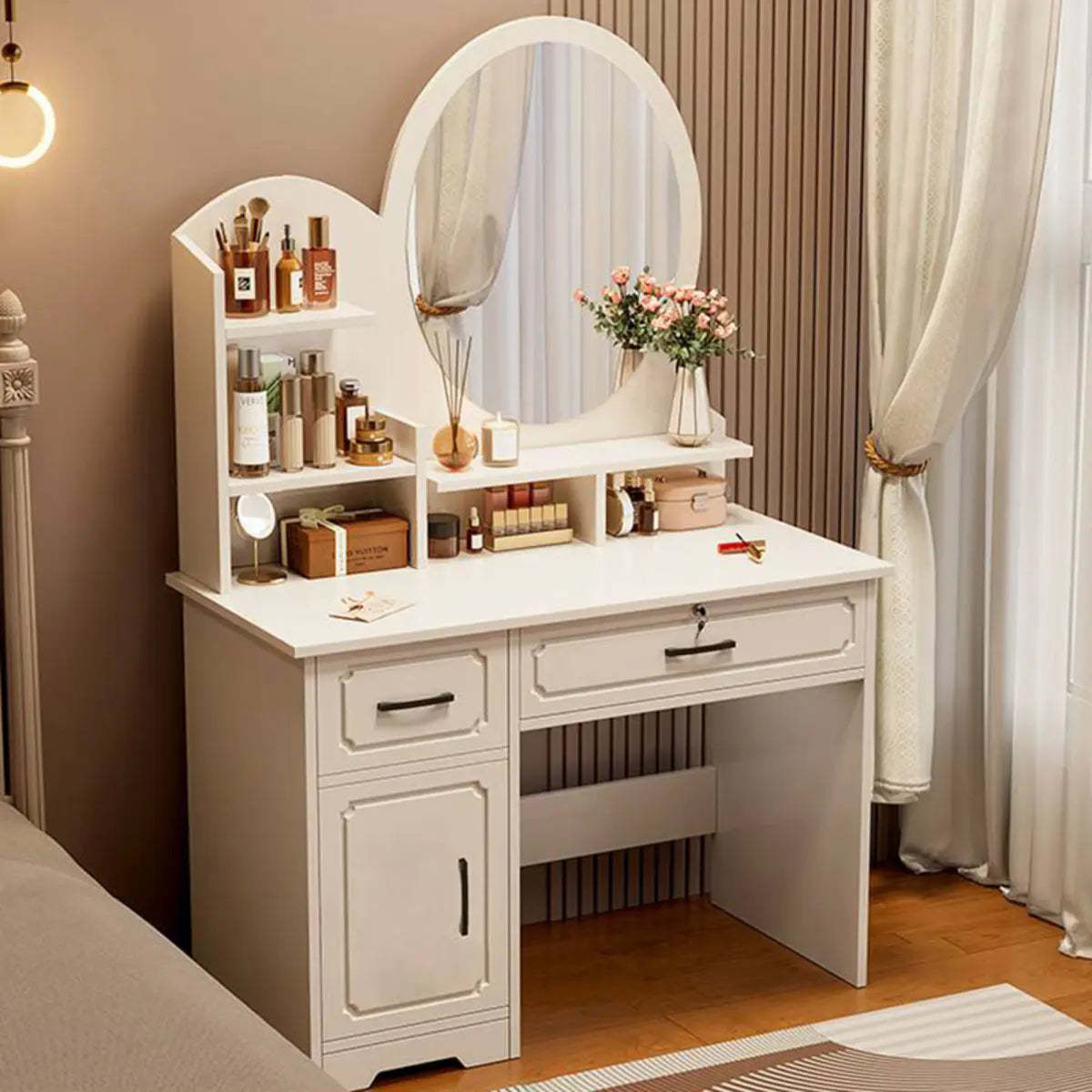 Modern White Wood Bedroom Makeup Vanity — Round / 2 / Makeup Vanity & Stools