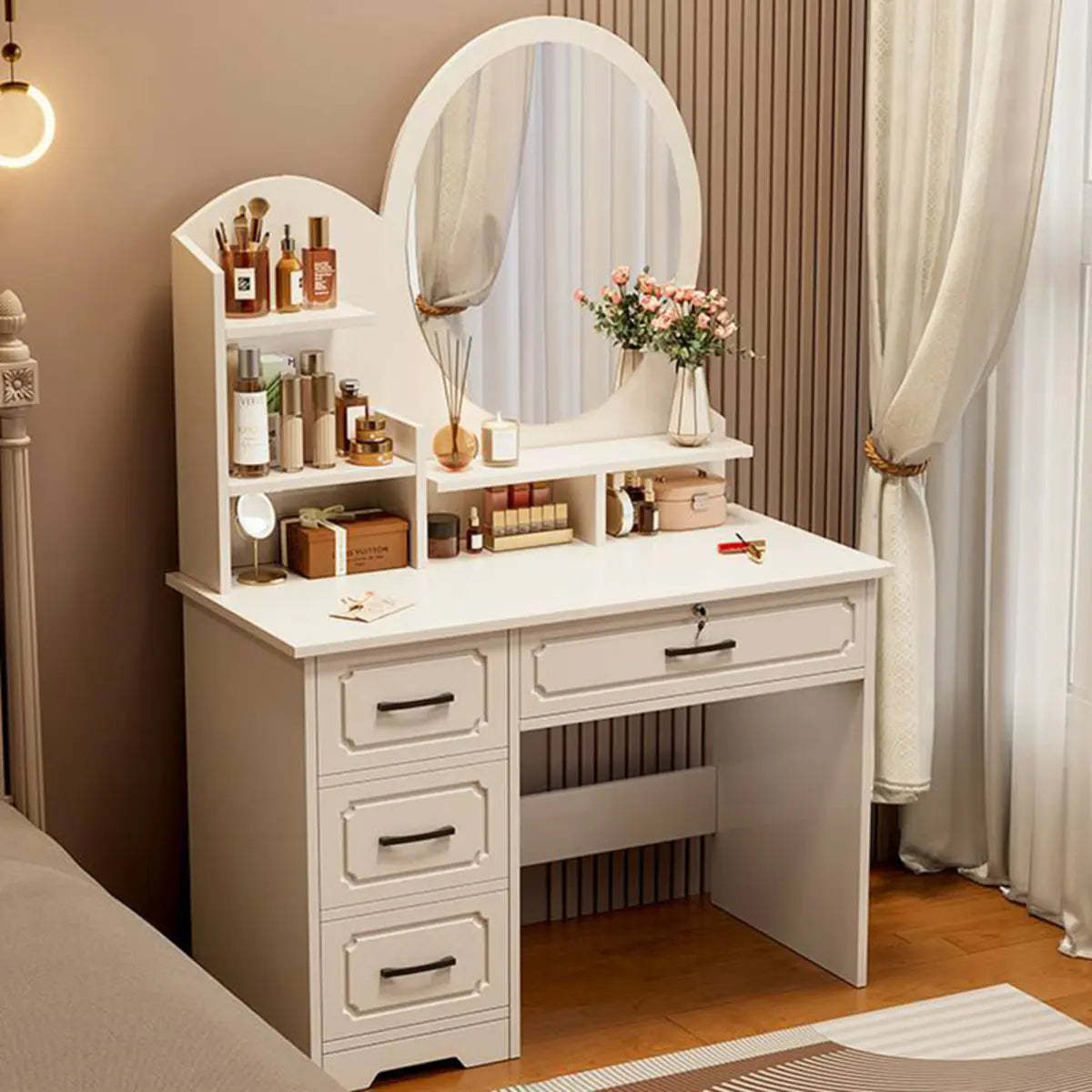 Modern White Wood Bedroom Makeup Vanity — Round / 4 / Makeup Vanity