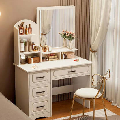 Modern White Wood Bedroom Makeup Vanity — Round / 4 / Makeup Vanity & Stools