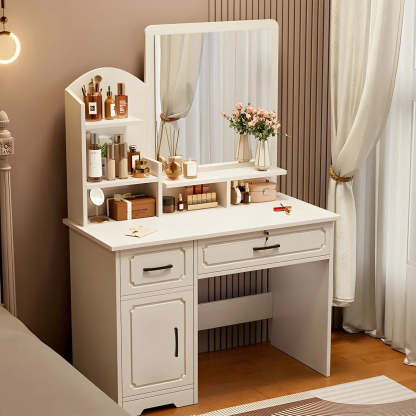 Modern White Wood Bedroom Makeup Vanity — Square / 2 / Makeup Vanity & Stools