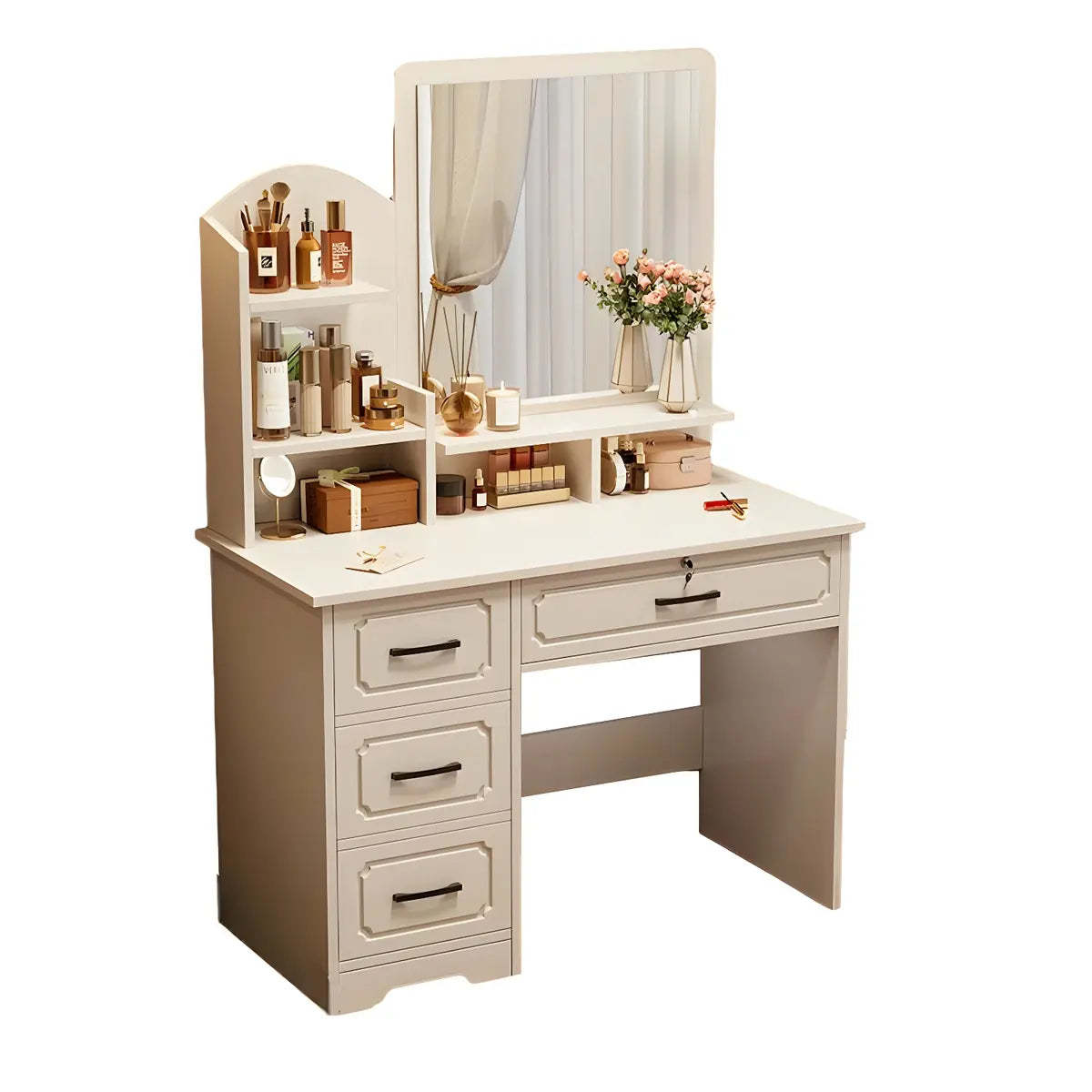 Modern White Wood Bedroom Makeup Vanity — Square / 4 / Makeup Vanity & Stools