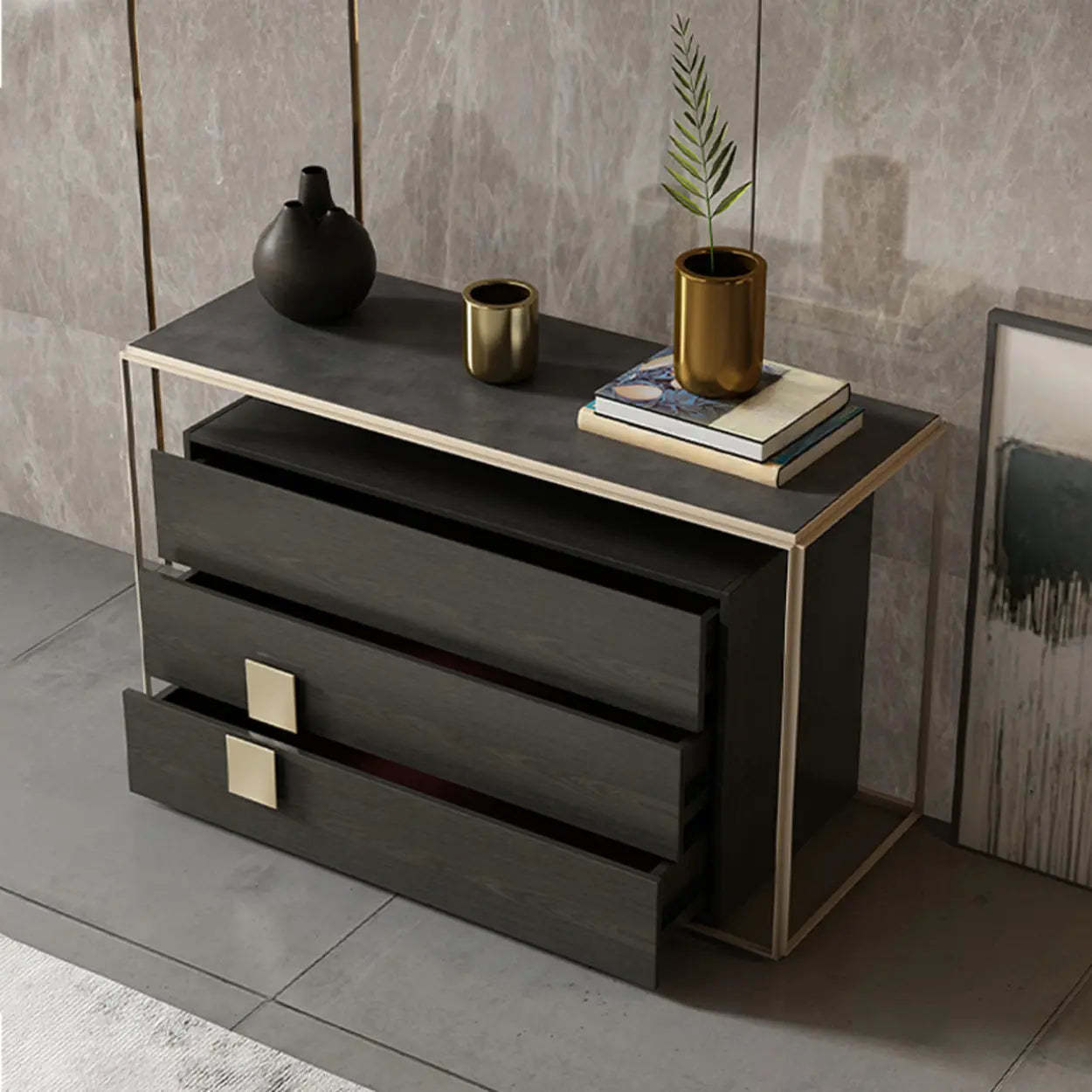Modern Rectangular Wood Black Entry Console — Matte Black / 3