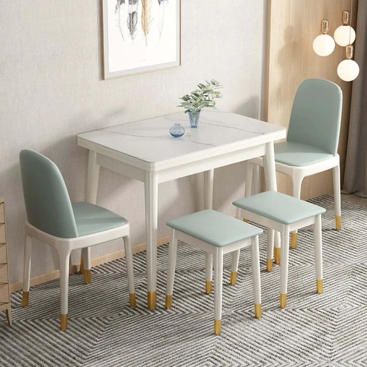 Modern Rectangular White Extendable Wood Dining Table — Glass / Black / Table Only