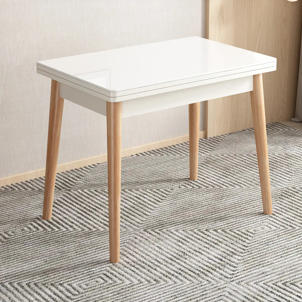 Modern Rectangular White Extendable Wood Dining Table — Stone / Black / Table Only