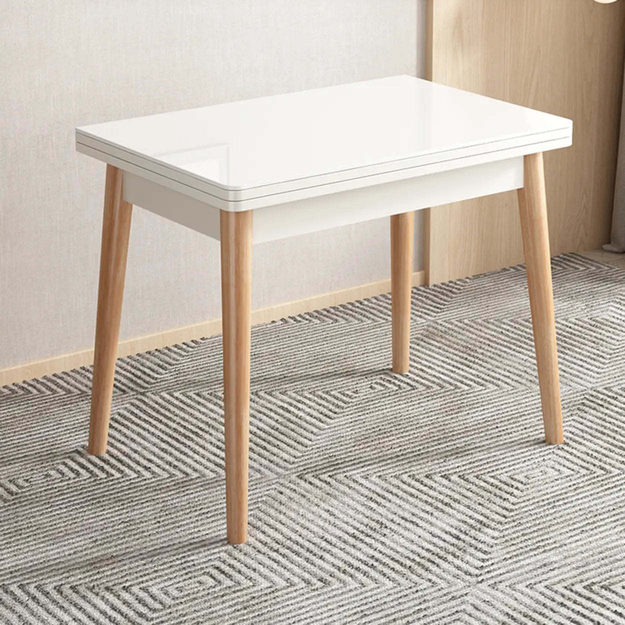 Modern Rectangular White Extendable Wood Dining Table — Stone / Black / Table Only