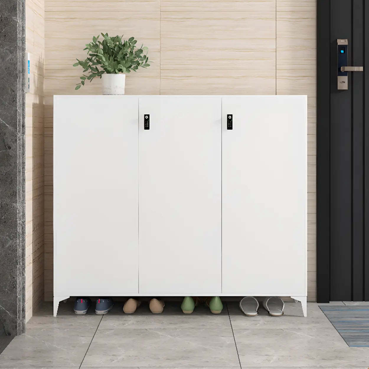 Modern White Wood Large Entryway Shoe Cabinet — White / Press