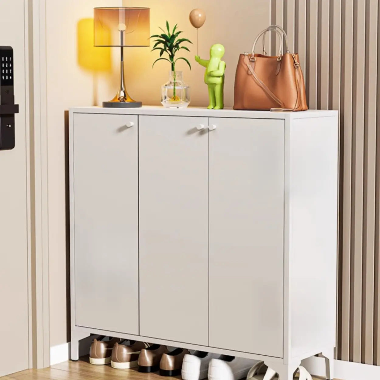 Modern White Wood Large Entryway Shoe Cabinet — White / Heart-Shaped Handle