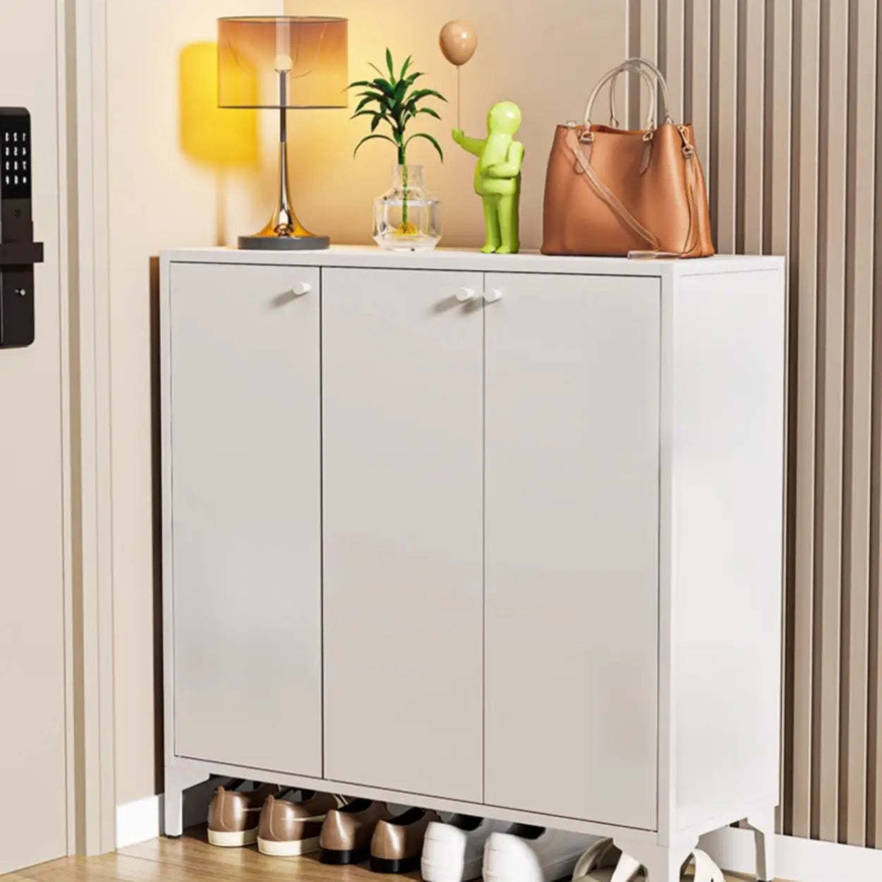 Modern White Wood Large Entryway Shoe Cabinet — White / Heart-Shaped Handle