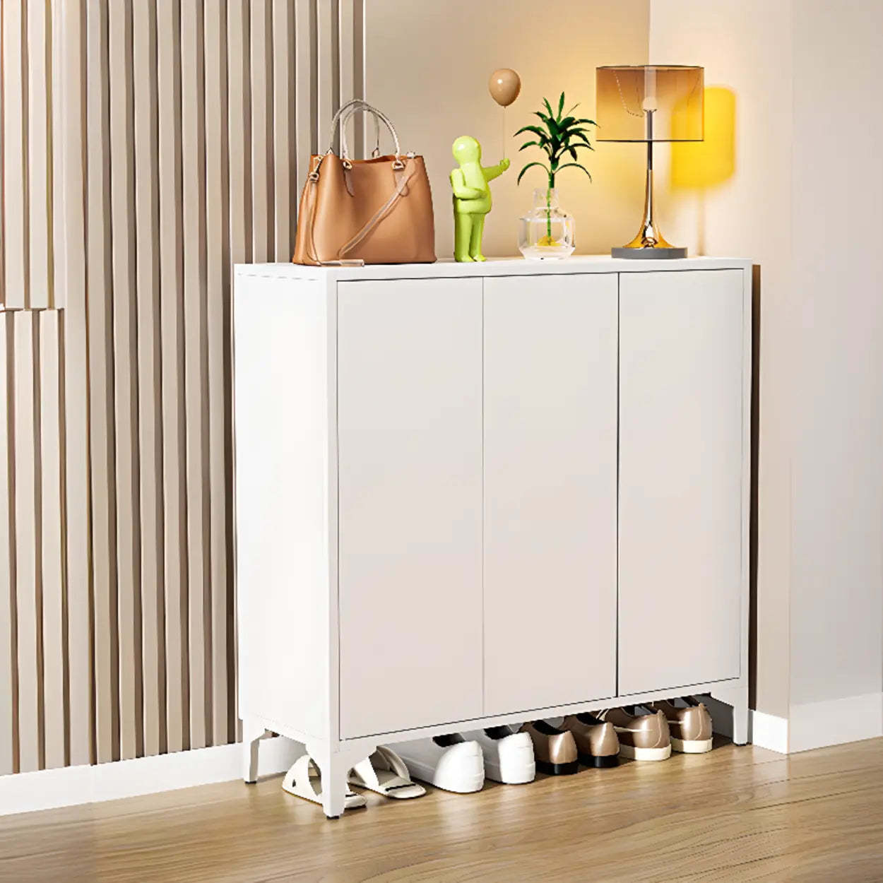 Modern White Wood Large Entryway Shoe Cabinet — White / Press