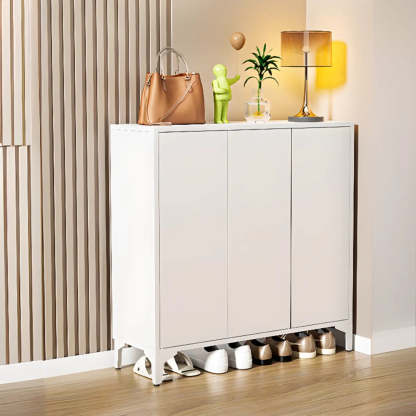 Modern White Wood Large Entryway Shoe Cabinet — White / Press