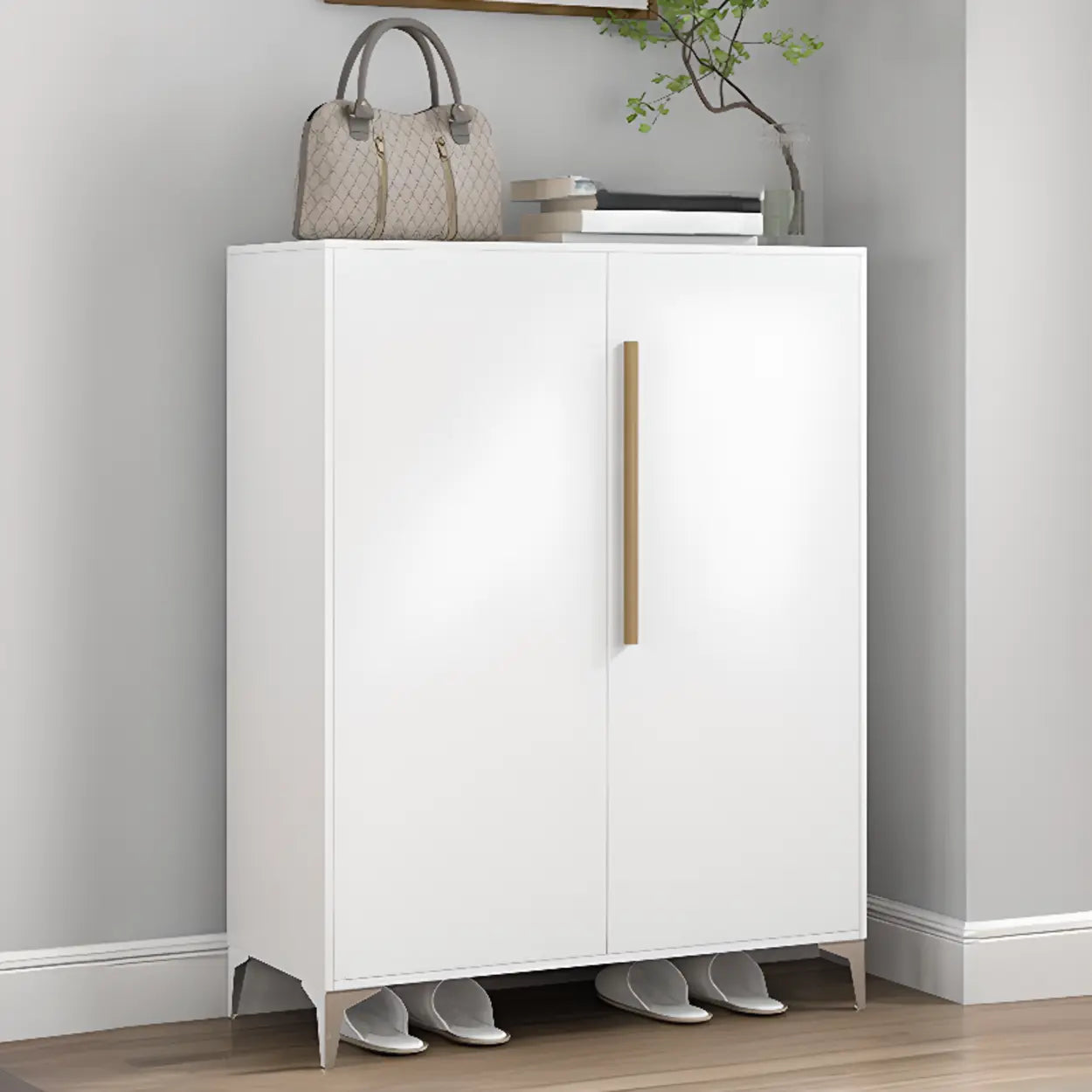 Modern White Wood Large Entryway Shoe Cabinet — White / Round Handle