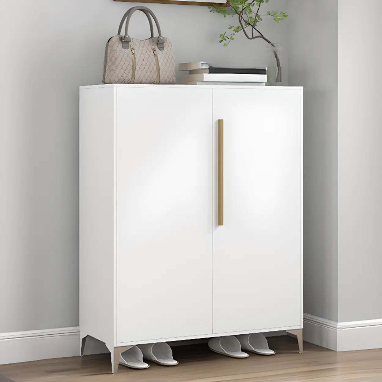 Modern White Wood Large Entryway Shoe Cabinet — White / Round Handle
