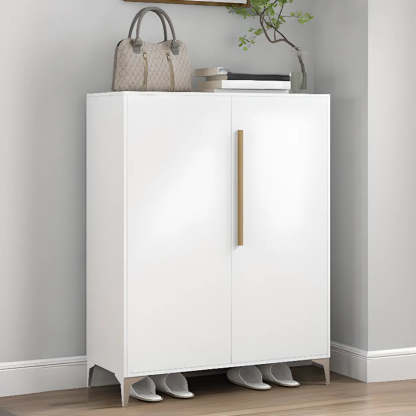 Modern White Wood Large Entryway Shoe Cabinet — White / Round Handle