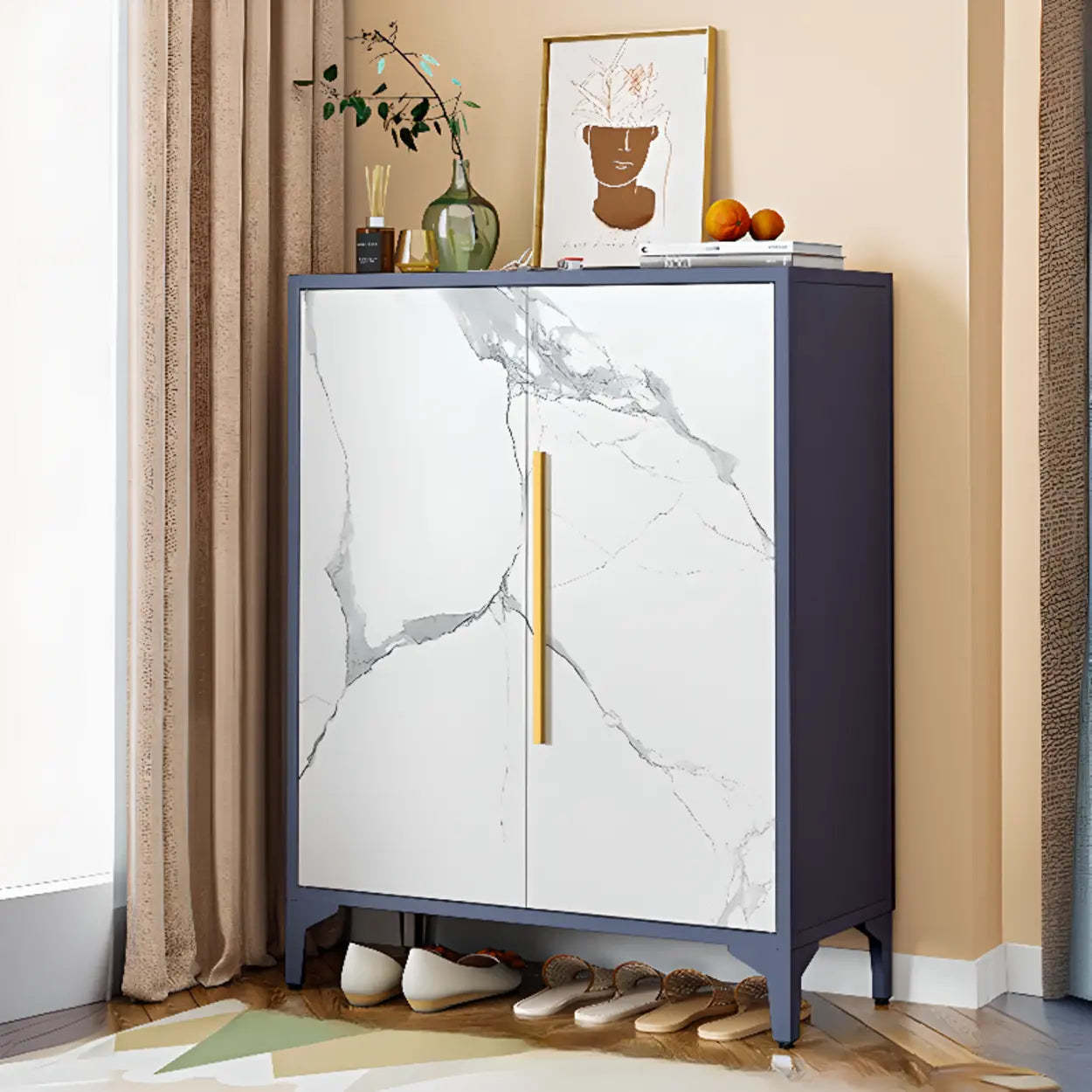 Modern White Wood Large Entryway Shoe Cabinet — White / Heart-Shaped Handle