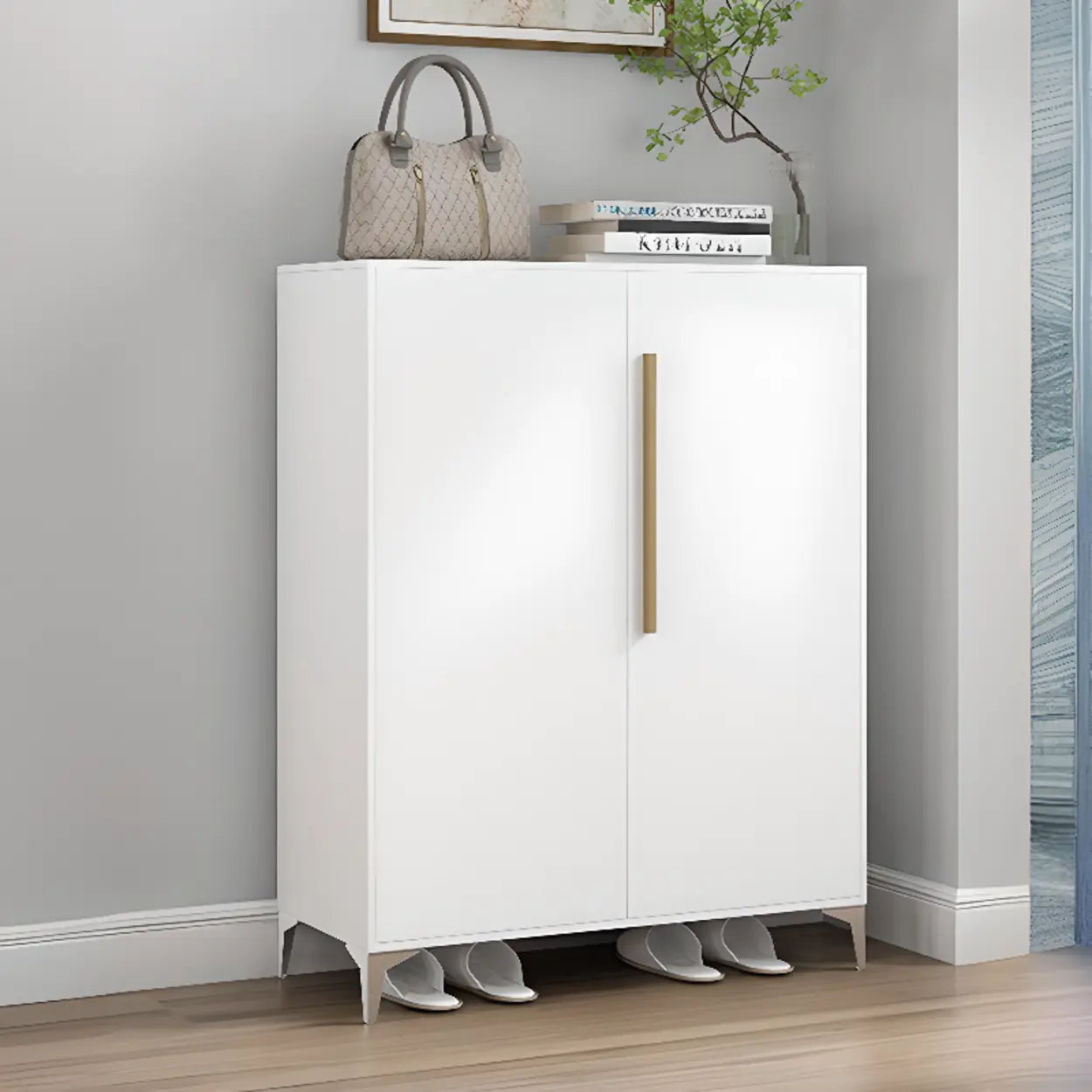 Modern White Wood Large Entryway Shoe Cabinet — White / Press