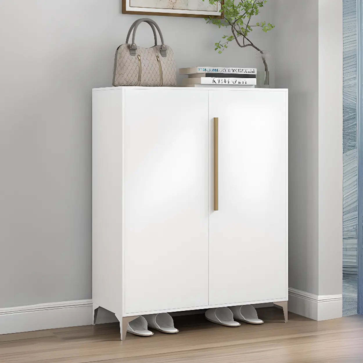Modern White Wood Large Entryway Shoe Cabinet — White / Press