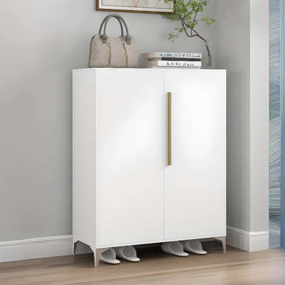 Modern White Wood Large Entryway Shoe Cabinet — White / Press