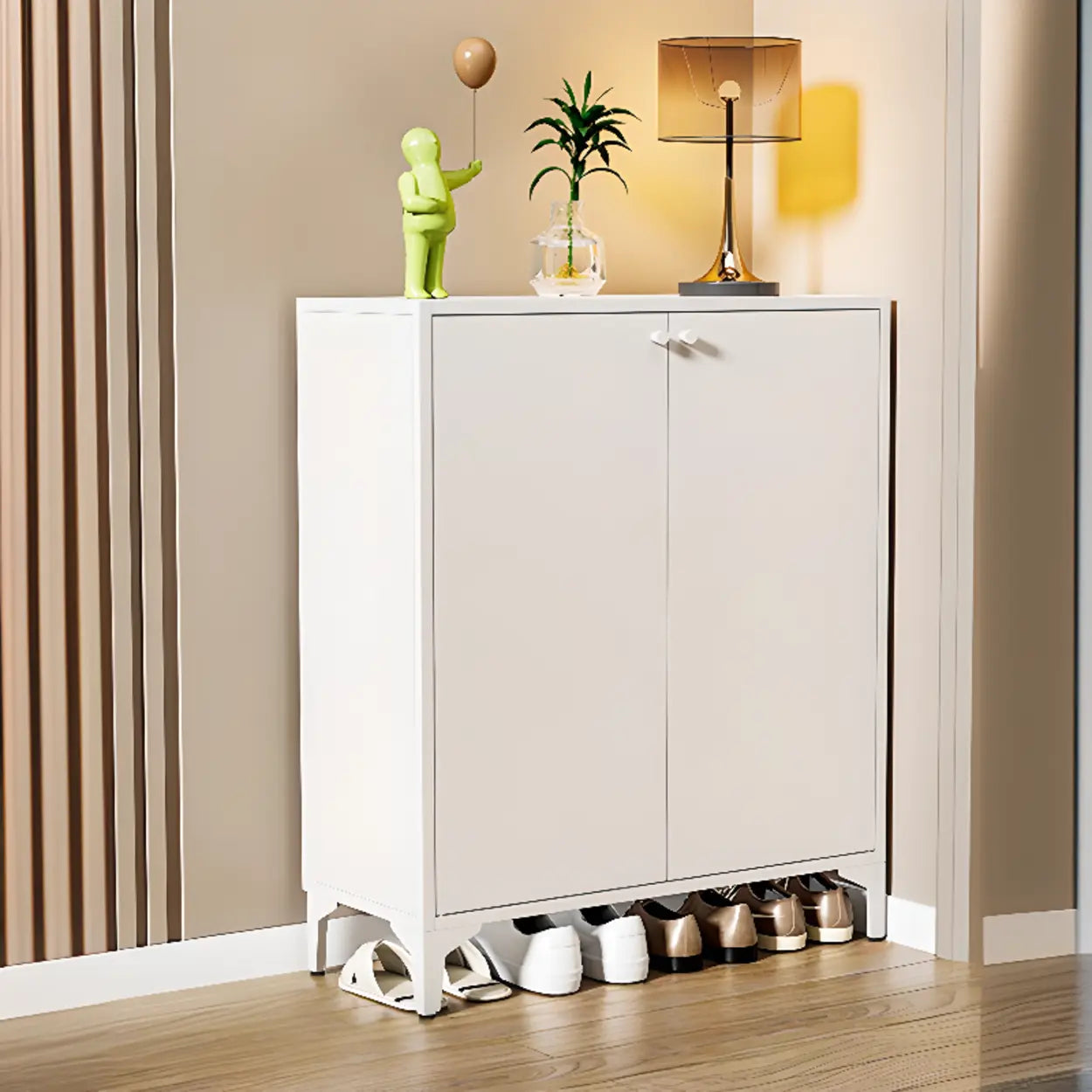 Modern White Wood Large Entryway Shoe Cabinet — White / Long Handle
