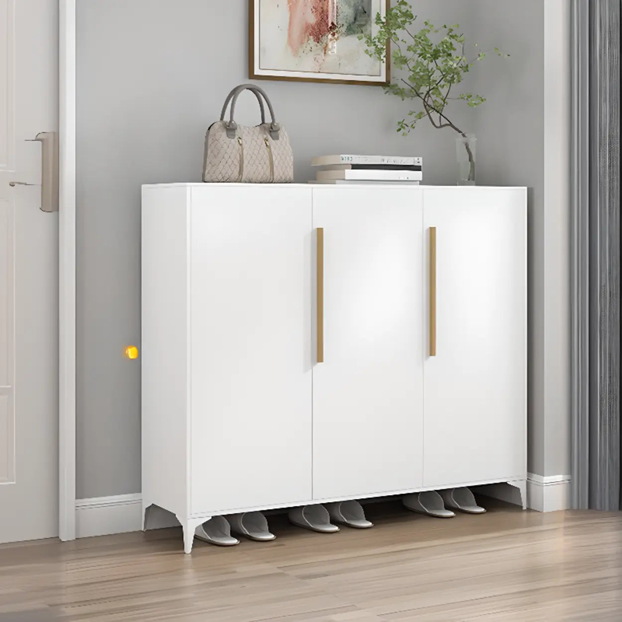 Modern White Wood Large Entryway Shoe Cabinet — White / Colorful Handle