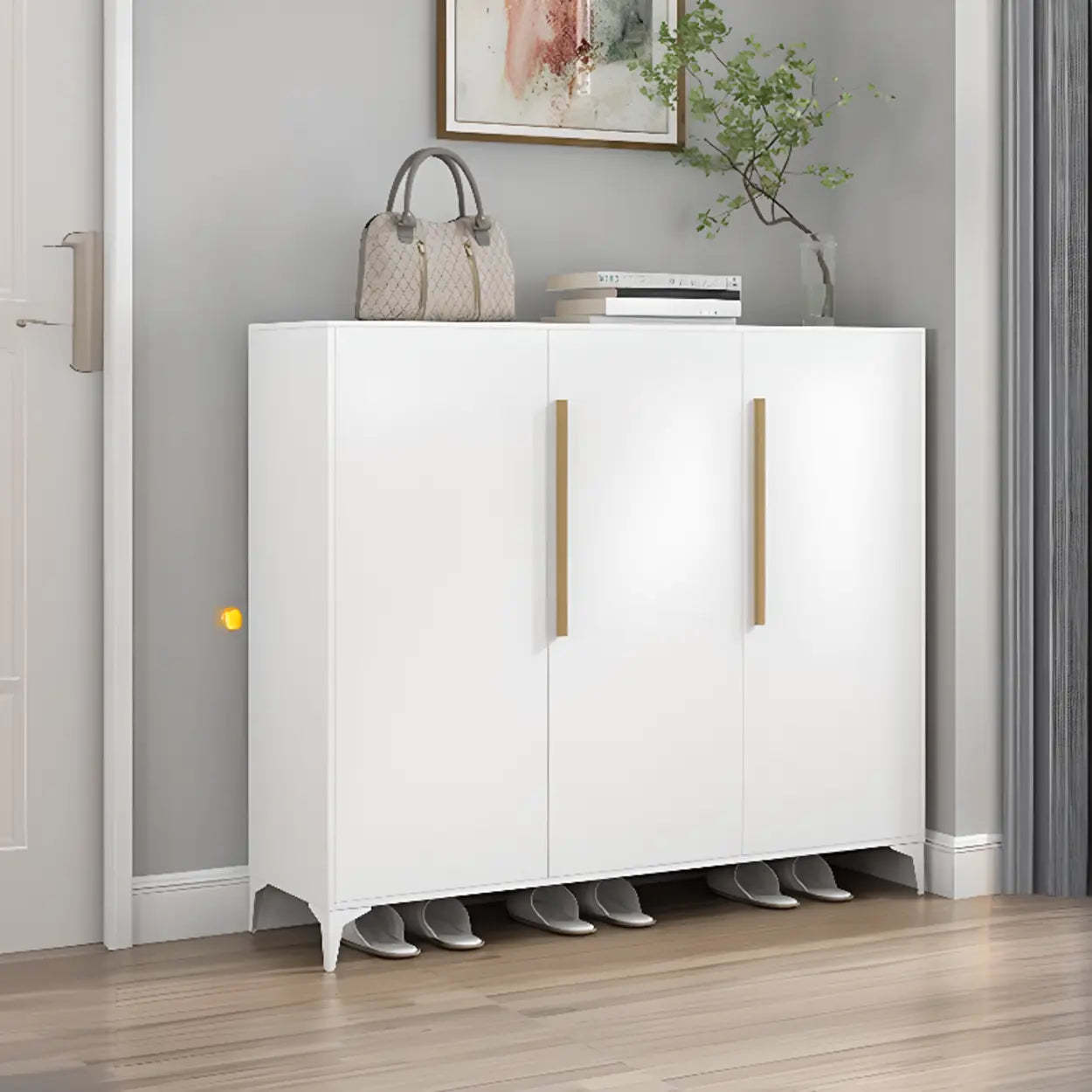 Modern White Wood Large Entryway Shoe Cabinet — White / Colorful Handle