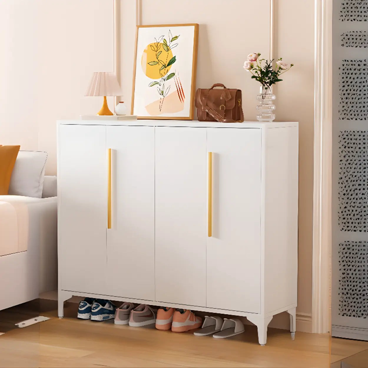Modern White Wood Large Entryway Shoe Cabinet — White / Round Handle