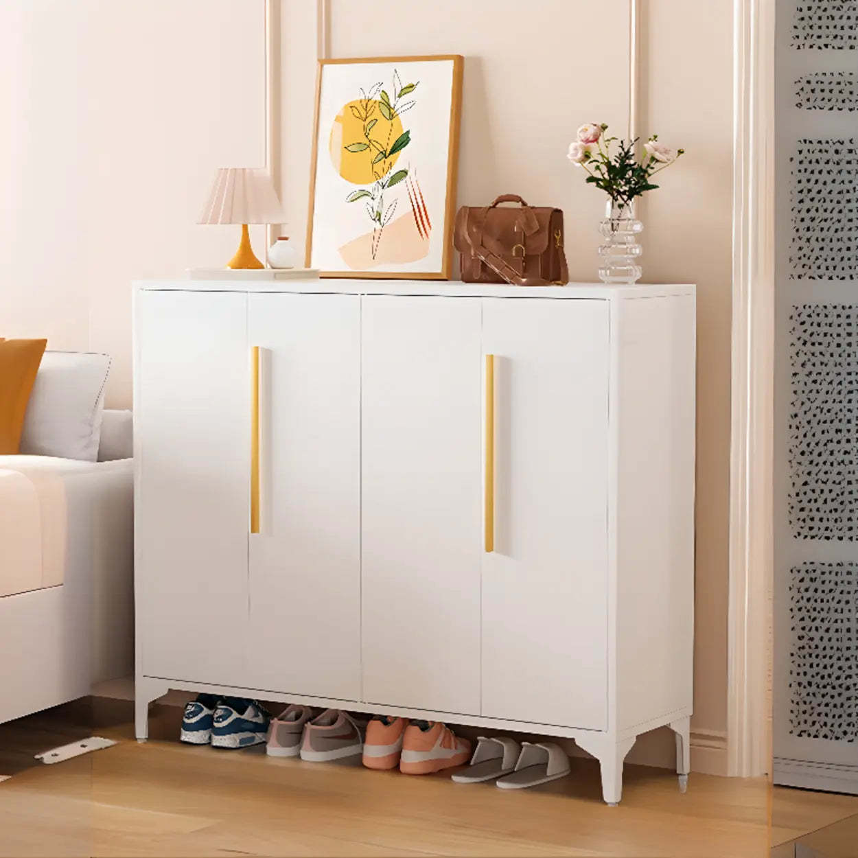 Modern White Wood Large Entryway Shoe Cabinet — White / Round Handle