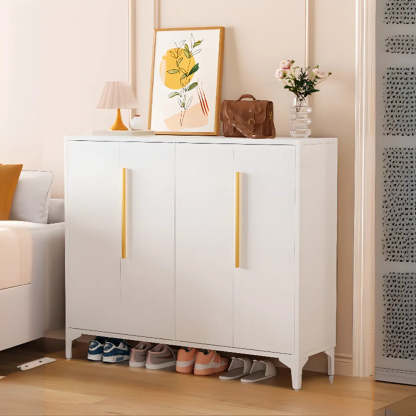 Modern White Wood Large Entryway Shoe Cabinet — White / Round Handle