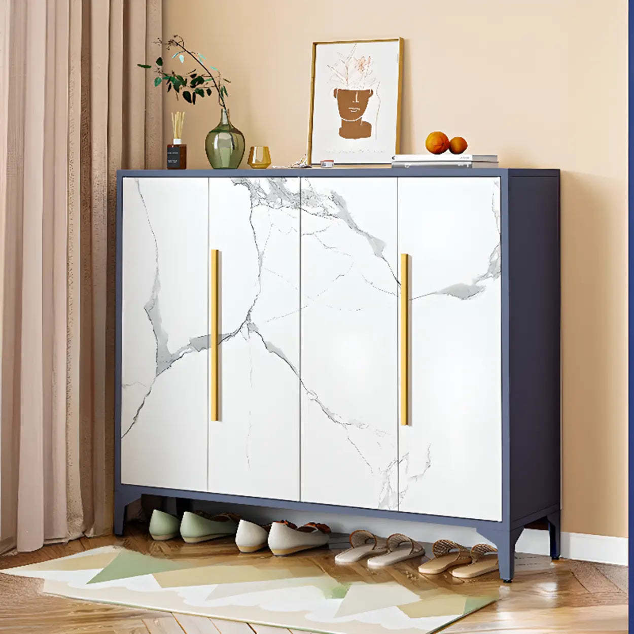 Modern White Wood Large Entryway Shoe Cabinet — White / Heart-Shaped Handle