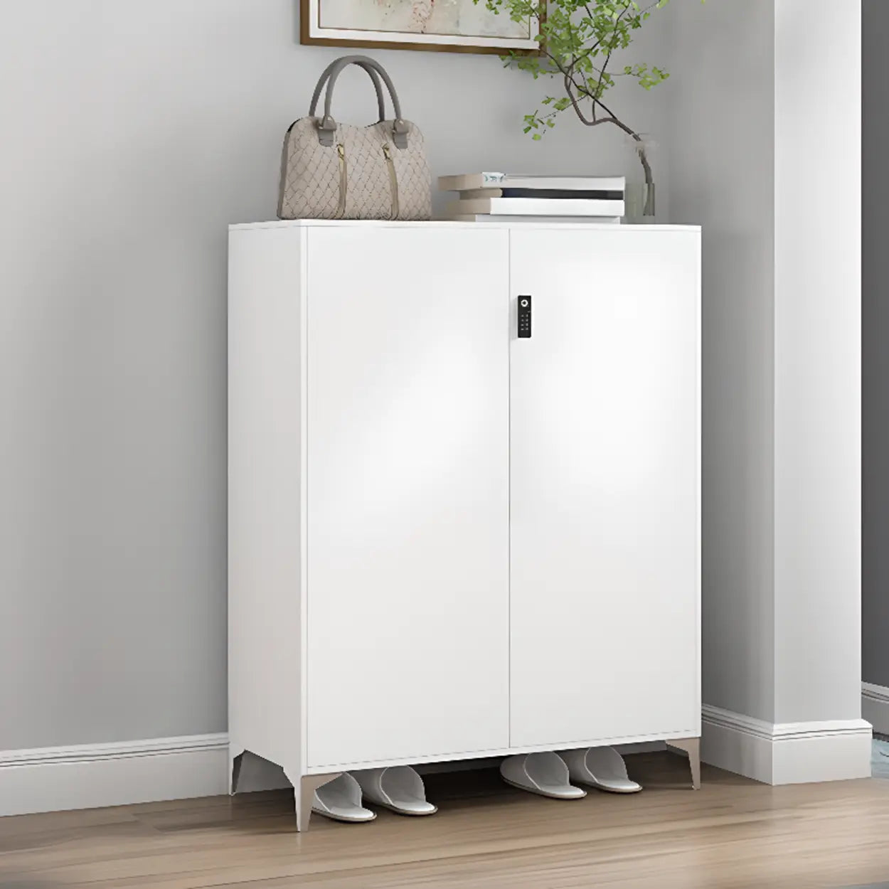 Modern White Wood Large Entryway Shoe Cabinet — Marble / Long Handle