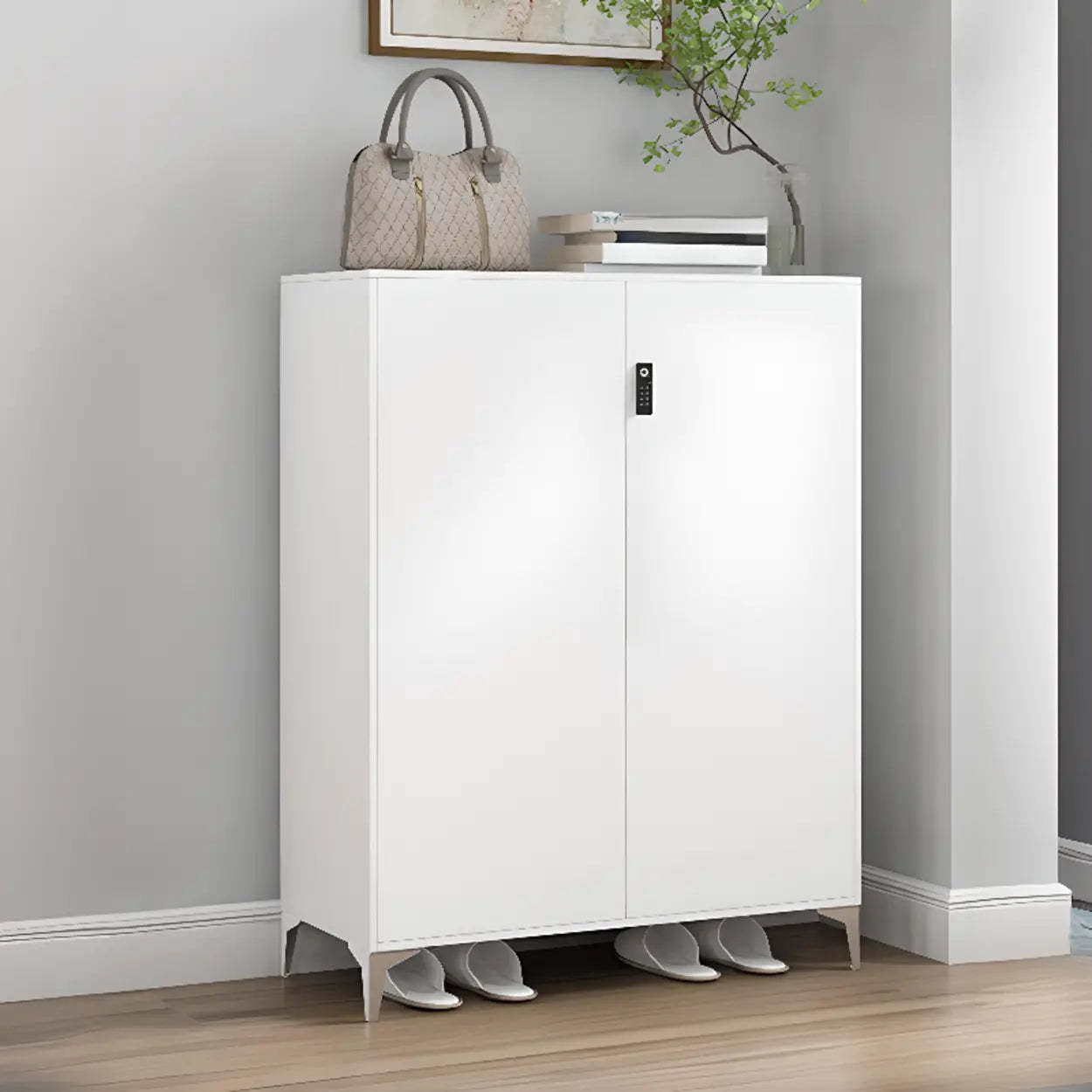 Modern White Wood Large Entryway Shoe Cabinet — Marble / Long Handle