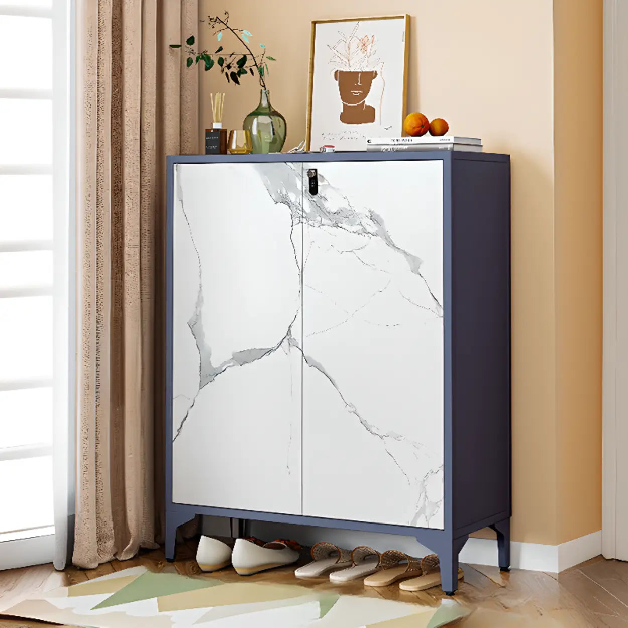 Modern White Wood Large Entryway Shoe Cabinet — Marble / Code Type