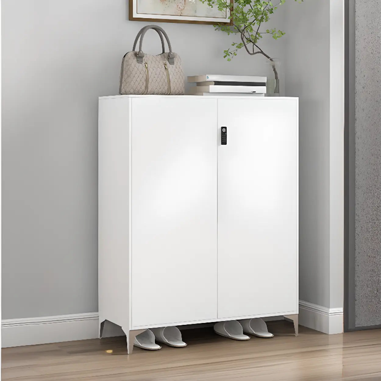 Modern White Wood Large Entryway Shoe Cabinet — Marble / Long Handle