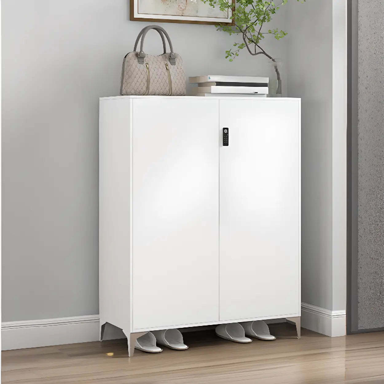 Modern White Wood Large Entryway Shoe Cabinet — Marble / Long Handle