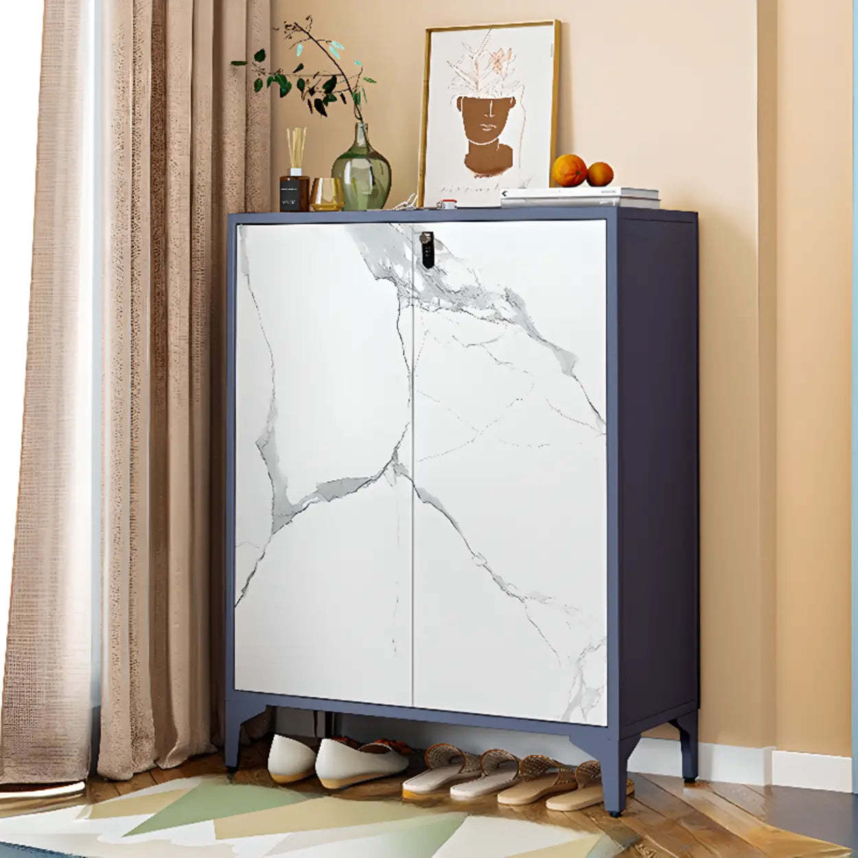 Modern White Wood Large Entryway Shoe Cabinet — Marble / Code Type