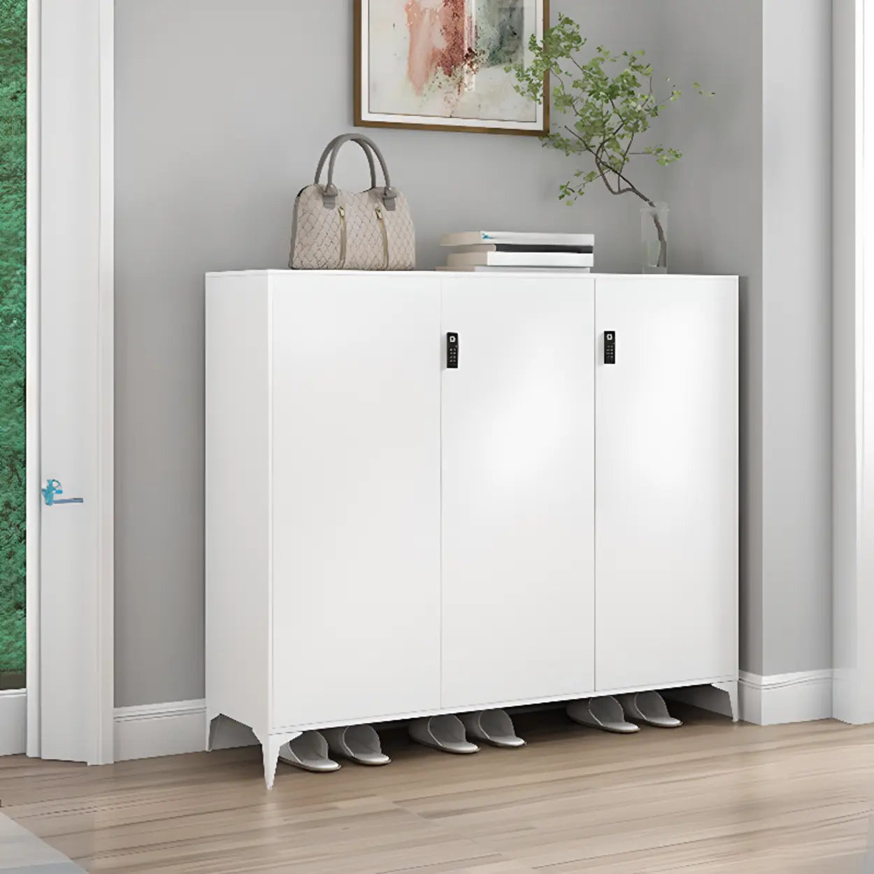 Modern White Wood Large Entryway Shoe Cabinet — Marble / Long Handle