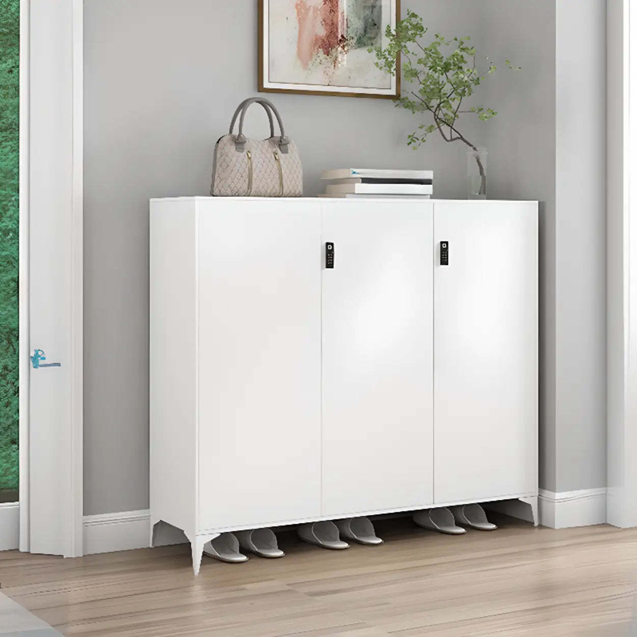 Modern White Wood Large Entryway Shoe Cabinet — Marble / Long Handle
