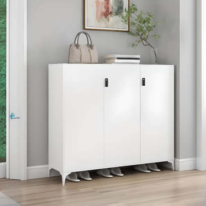 Modern White Wood Large Entryway Shoe Cabinet — Marble / Long Handle